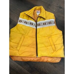 Vintage Sigallo Yellow Puffer Vest Fair Isle Knit Snowflake Retro Ski Womens XL